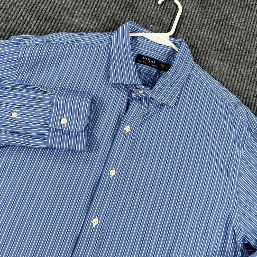Polo Ralph Lauren Shirt Mens 17.5 Blue Striped Long Sleeve Button Up Casual Dres